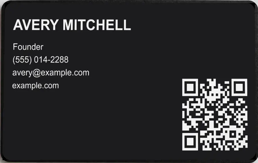 A Bümpis metal card, laser-etched with a name, phone, email and a scannable QR code
